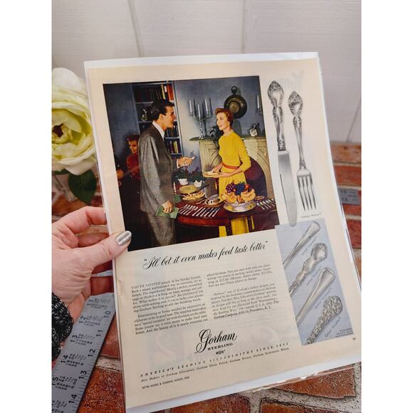 1950 Gorham Sterling "I'll Bet It Even‎ Makes Food Taste Better" Vtg Print Ad - Picture 3 of 6